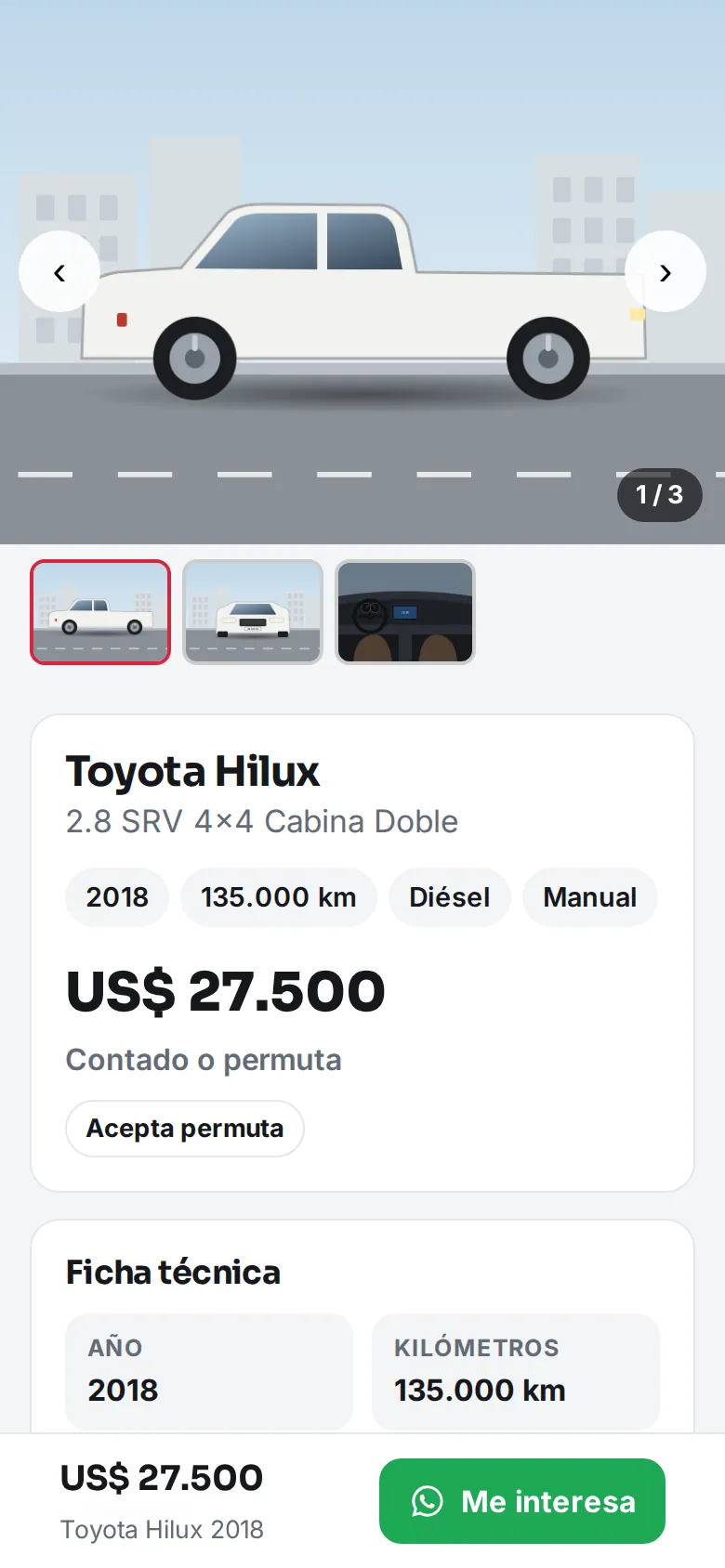 La ficha de un auto en el celular, con el botón Me interesa