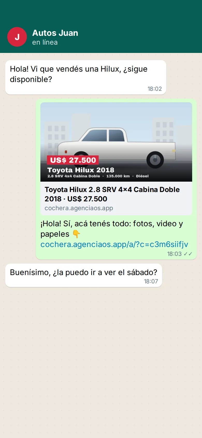 El link del auto en una conversación de WhatsApp, con la foto y el precio